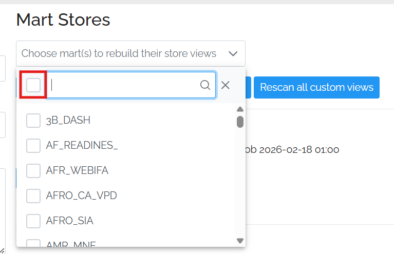 Image showing a close up of the "Mart Stores" area. There is a drop down at the top which has been expanded and contains a list of marts. At the top of the drop down is a search box with a checkbox to the left. The checkbox has a red box around it