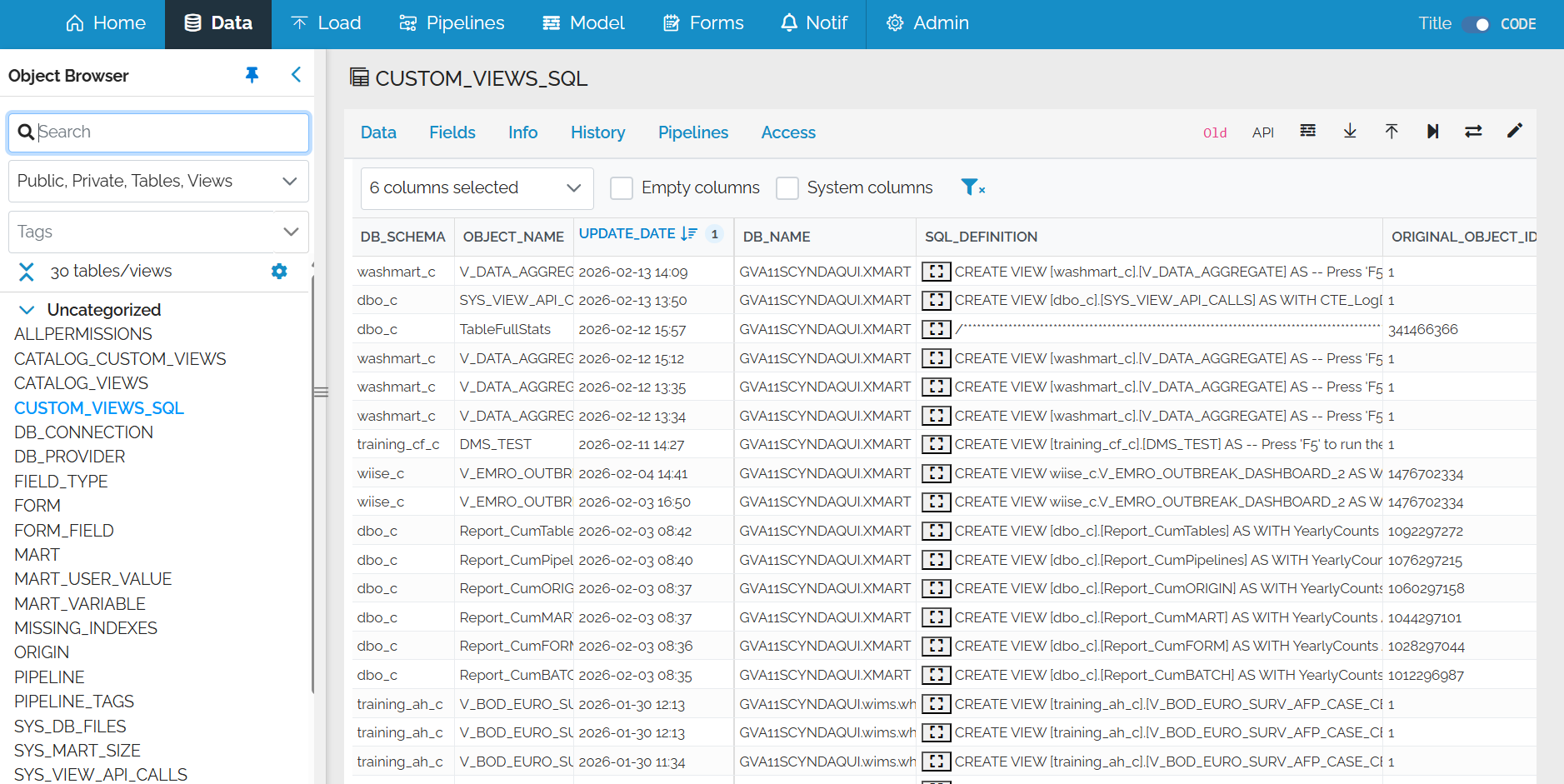 Image showing the data page with the data from the Custom_Views_SQL table