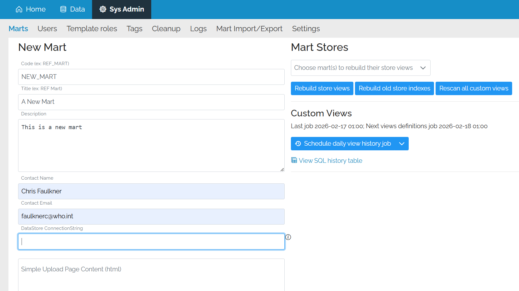IMage showing the partially filled New Mart screen