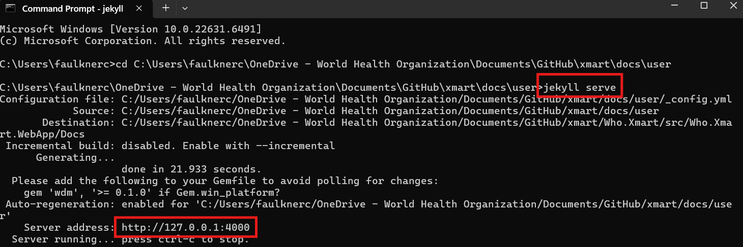 Image showing the output of the jekyll serve command with an IP address at the bottom with a box around it