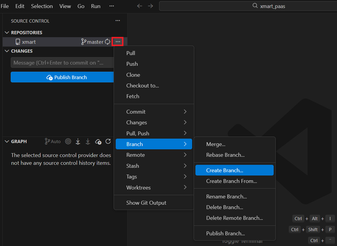 Image showing the Repository menu and Branch sub menu with a red square around the 3 dots at the end of the repository and the Branch and Create Branch highlighted in blue