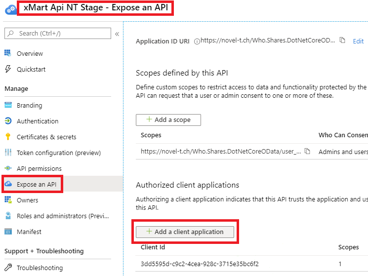 Image showinge navigation to expose the Client ID to the API in Azure